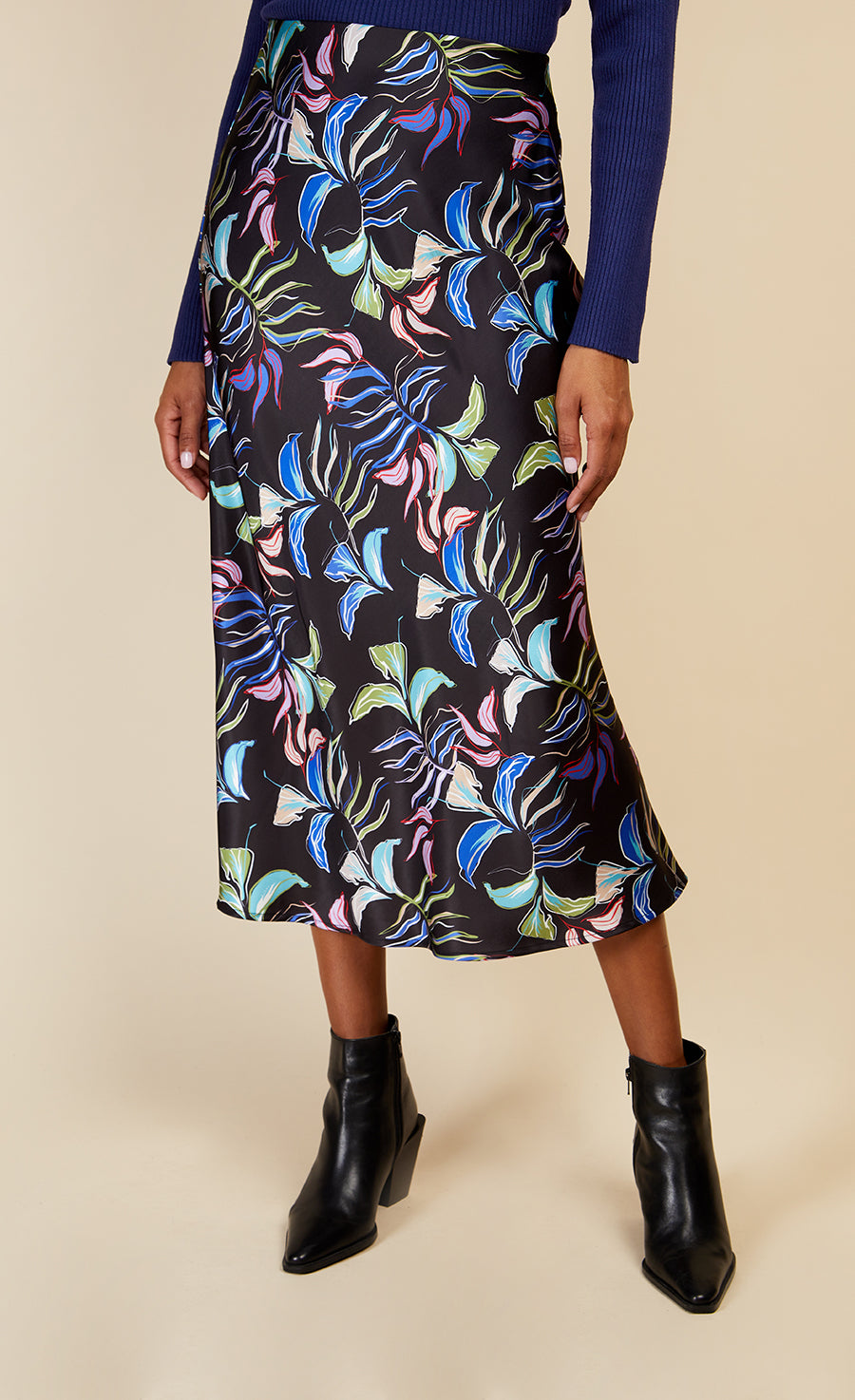 Leaf Print Satin Midi Slip Skirt