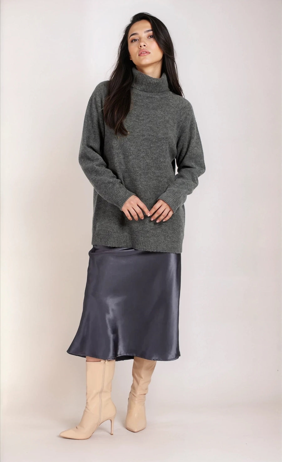 Grey Knit Roll Neck Jumper