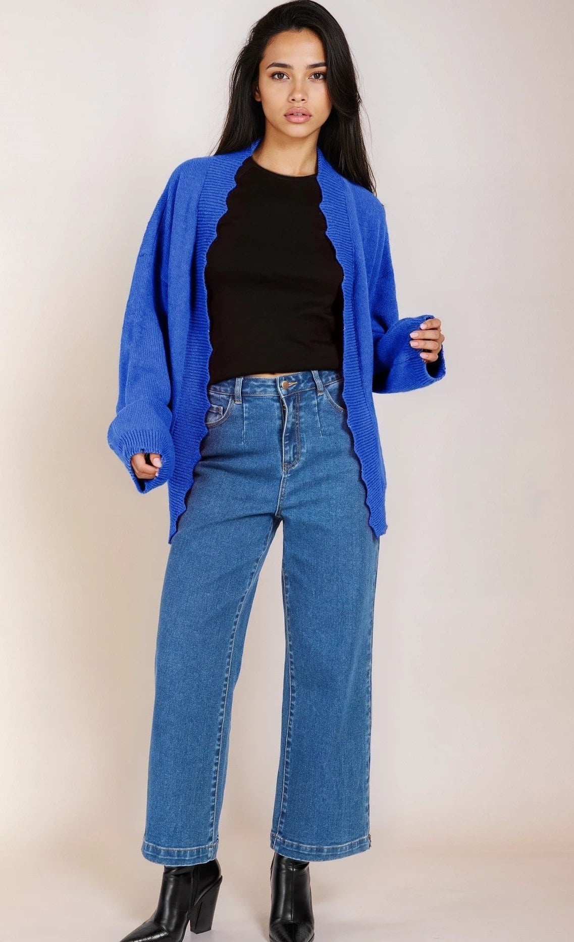 Blue Knit Oversized Scallop Cardigan