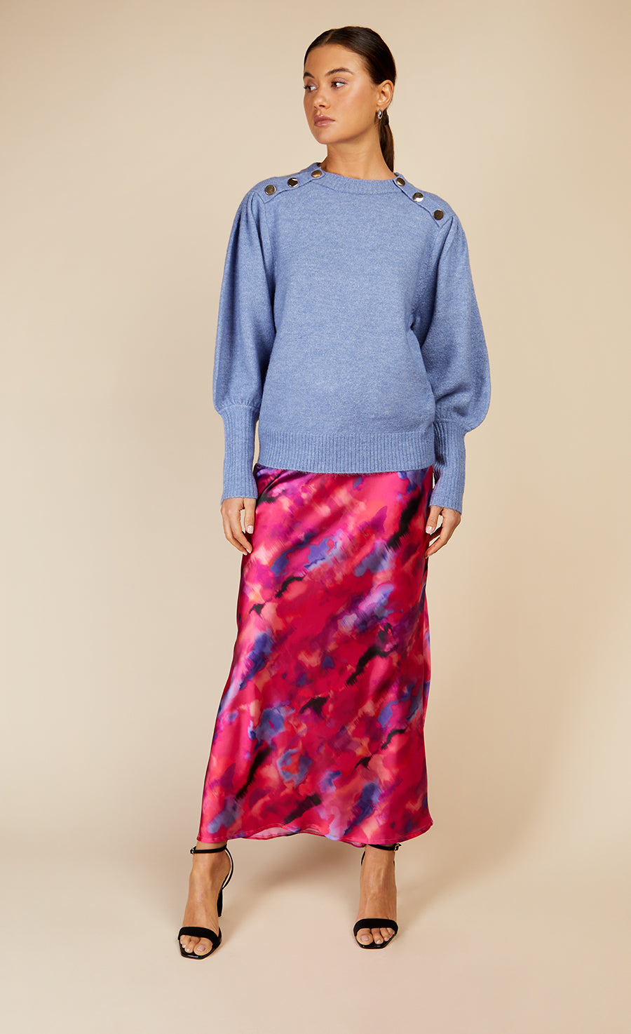 Watercolour Print Satin Midi Skirt