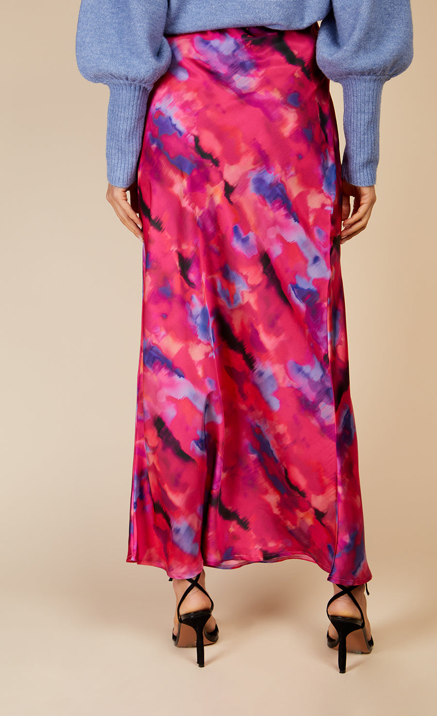 Watercolour Print Satin Midi Skirt