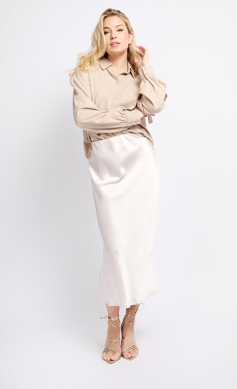 Oyster Satin Midi Skirt