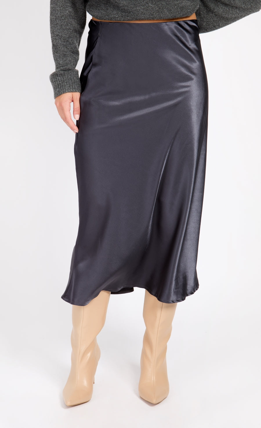 Grey Satin Midi Slip Skirt