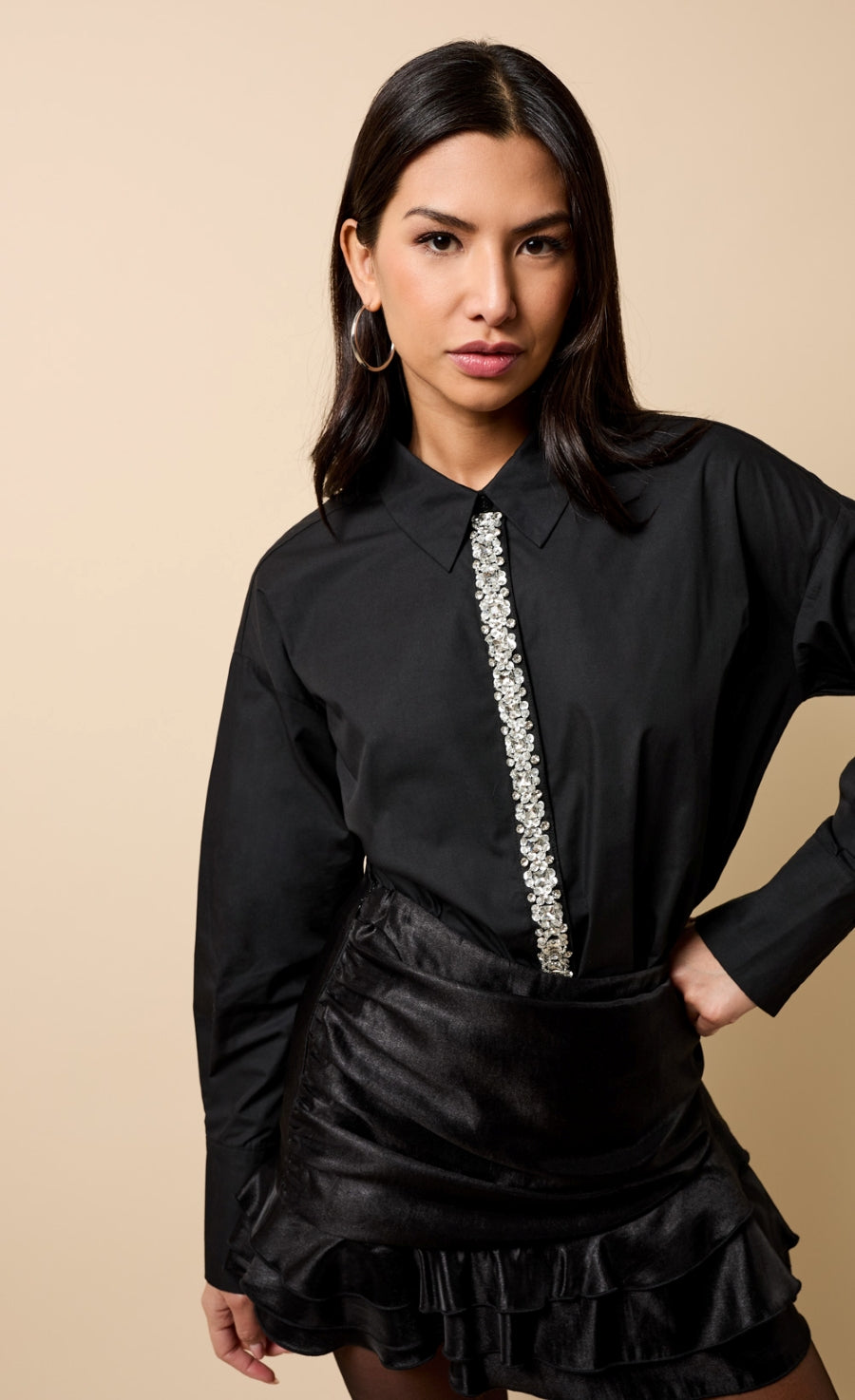 Chiara Black Embellished Trim Detail Shirt