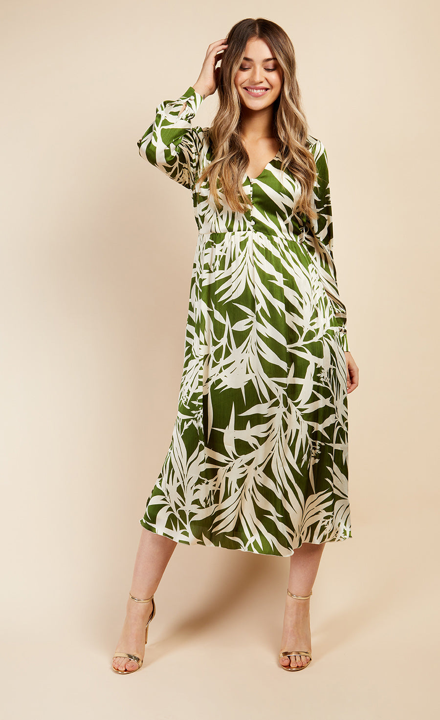Green Print Satin Midaxi Dress