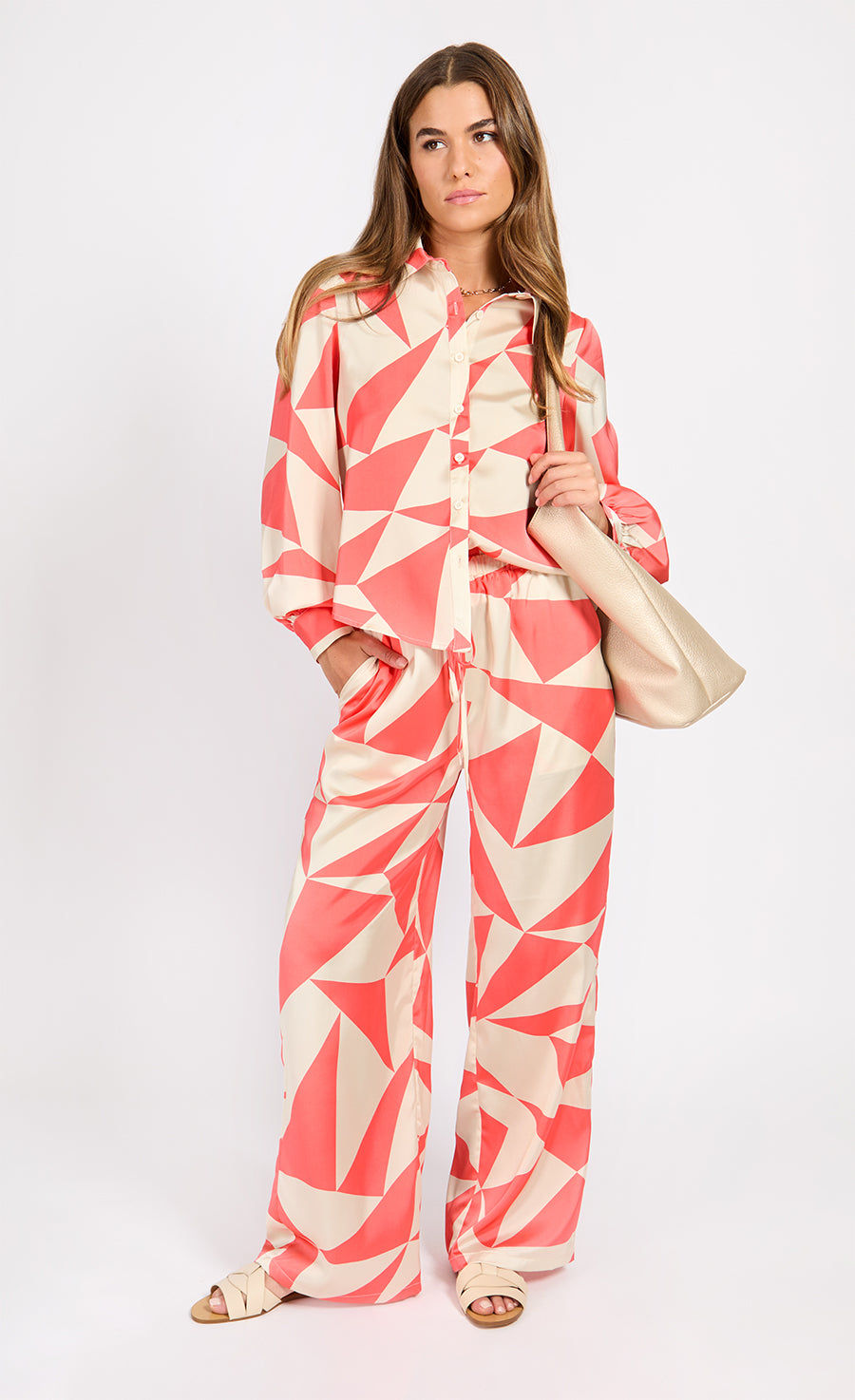 Coral Geo Print Satin Trousers