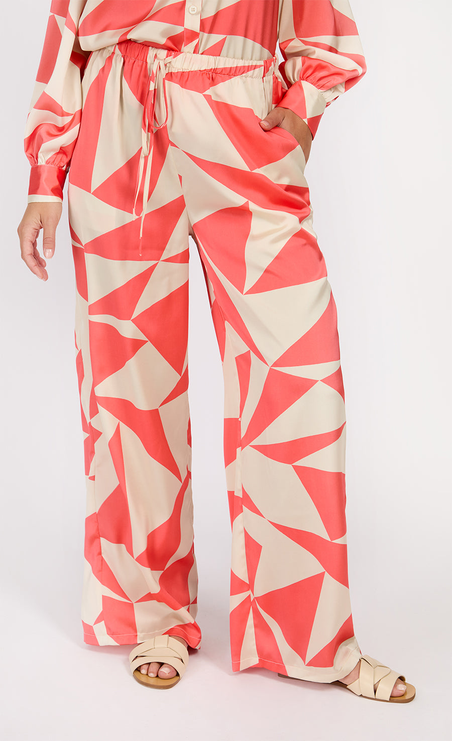 Coral Geo Print Satin Trousers