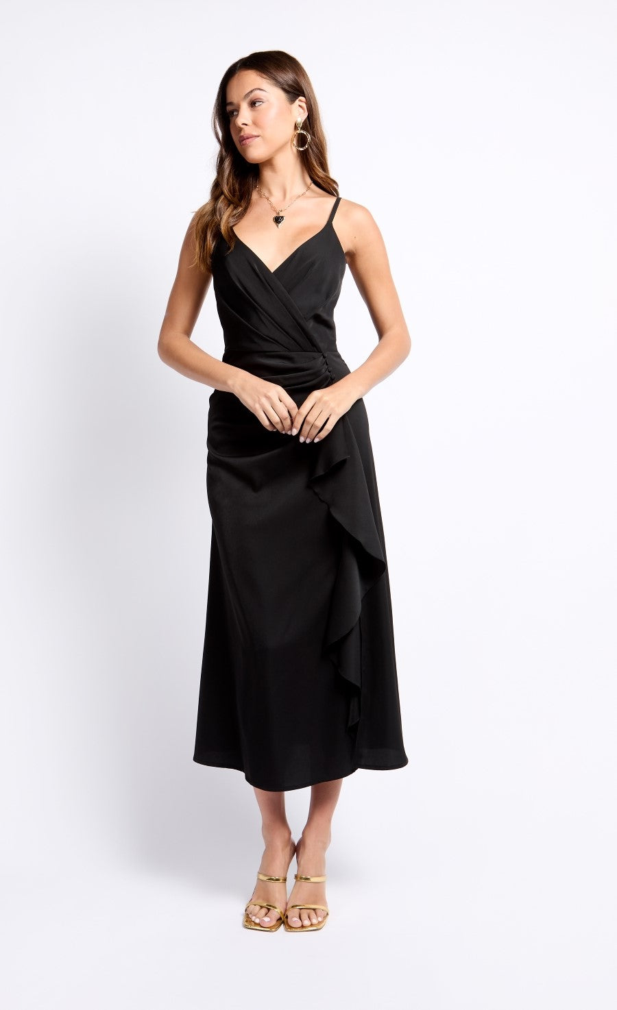 iSKA Black Satin Draped Frill Midaxi Dress