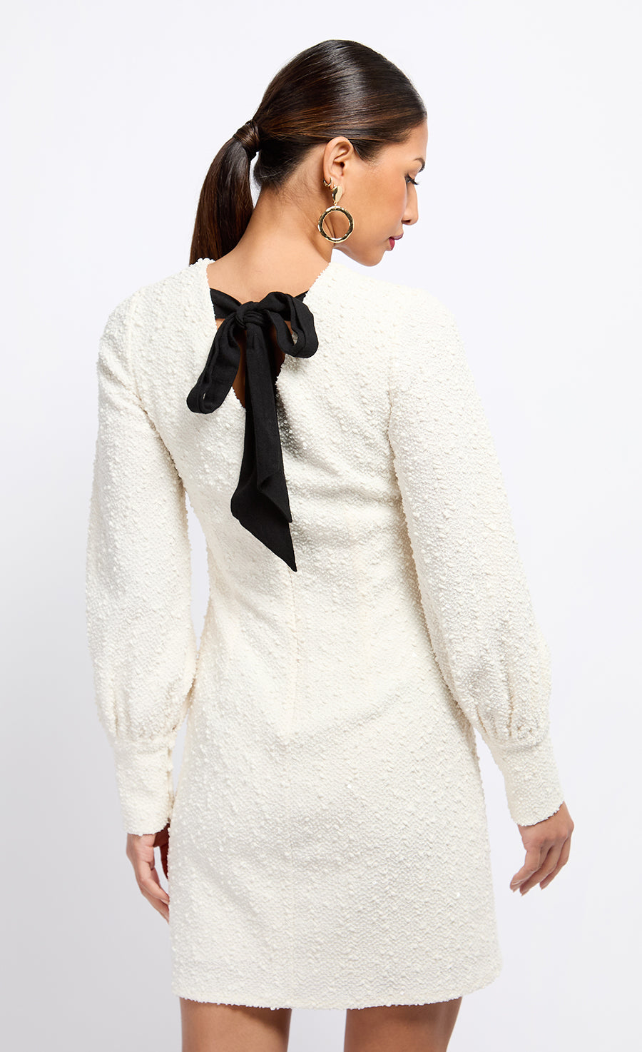 Cream Boucle Contrast Bow Mini Dress