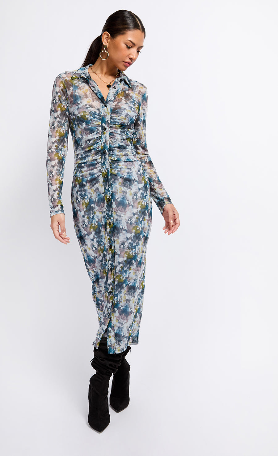 knee length dresses for ladies Printed Mesh Midaxi Shirt Dress