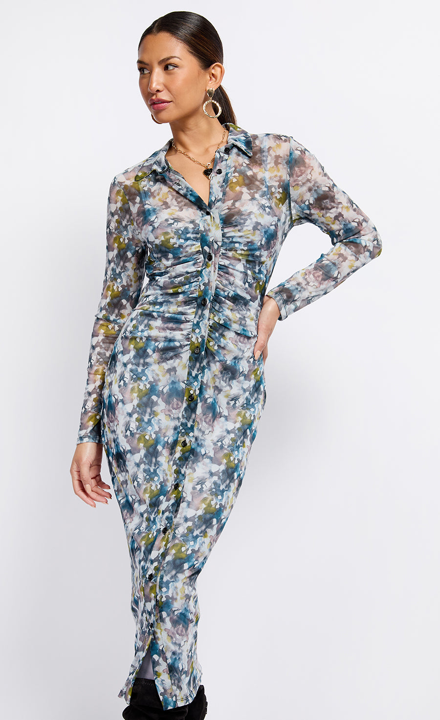 Printed Mesh Midaxi Shirt Dress