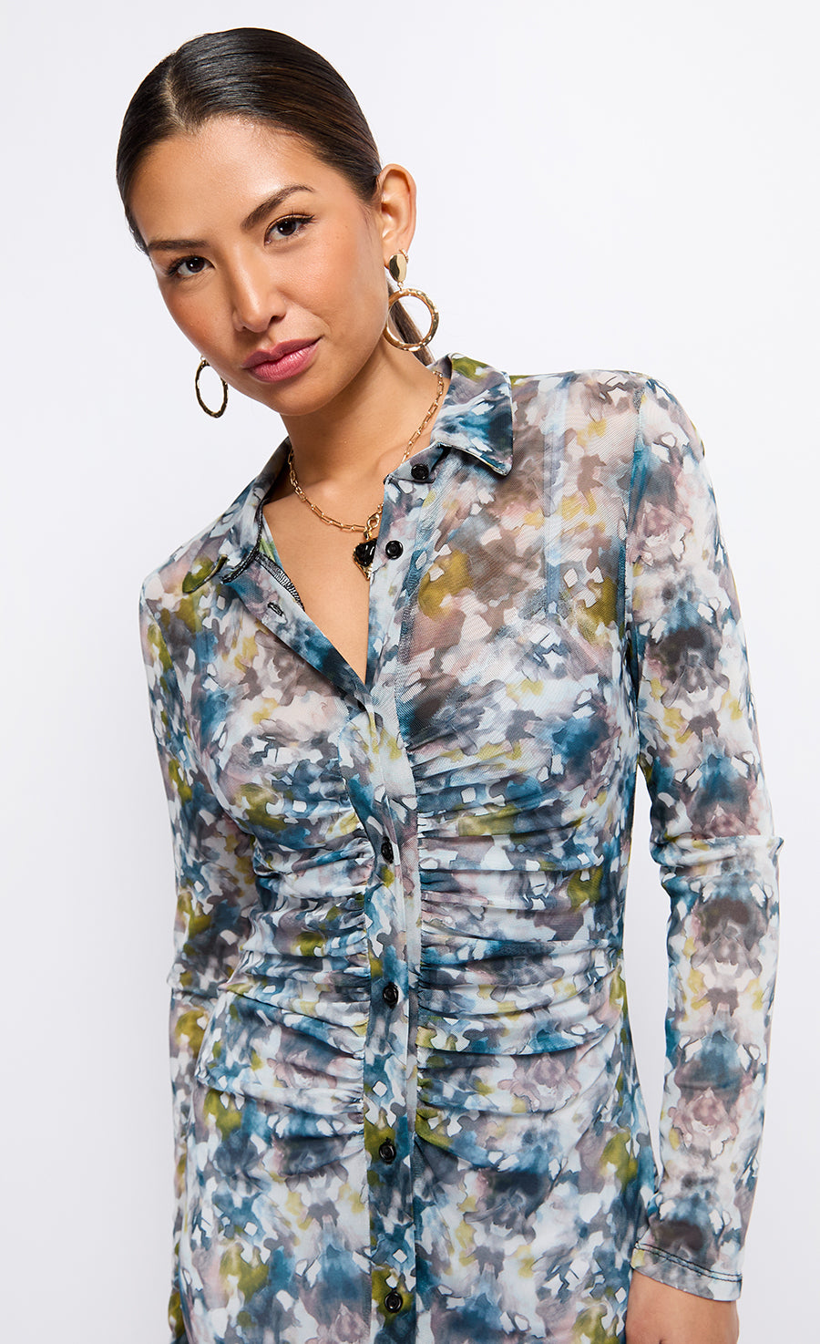 Printed Mesh Midaxi Shirt Dress