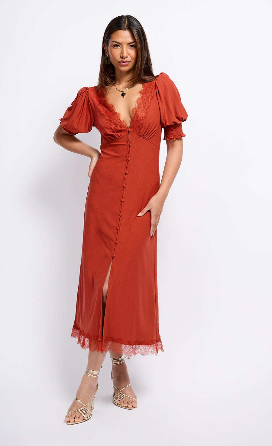 Copper Lace Trim Midaxi Dress