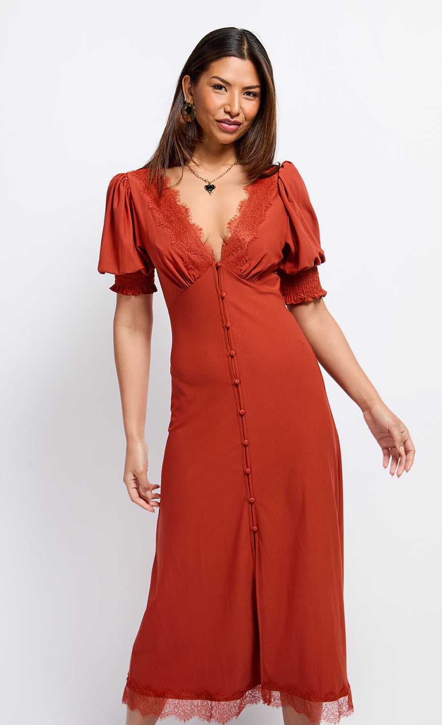 Copper Lace Trim Midaxi Dress