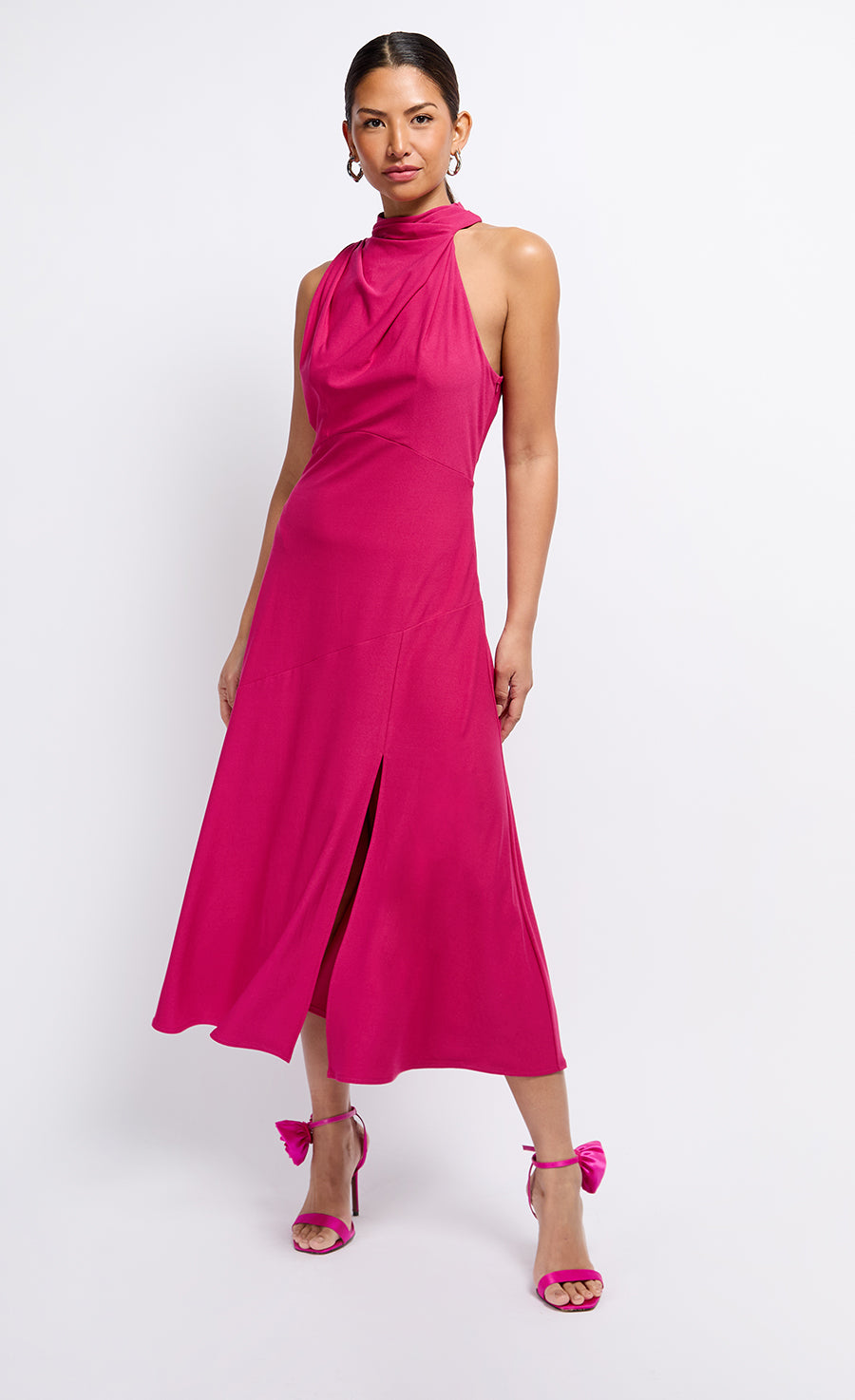 Pink Draped Neck Detail Midaxi Dress