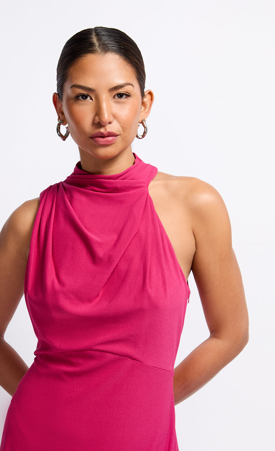 Pink Draped Neck Detail Midaxi Dress