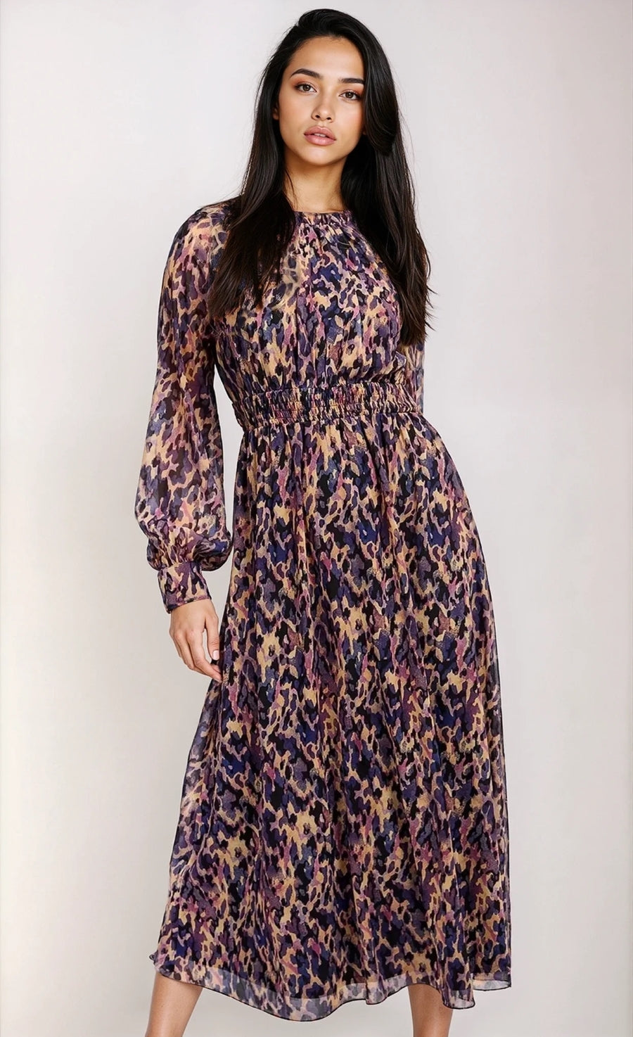 knee length dresses for ladies Sail to Sable Animal Print Long Sleeve Smocked Waist Midi Dress with Tassels Black Animal Print / XXXL / H23172 main image 1