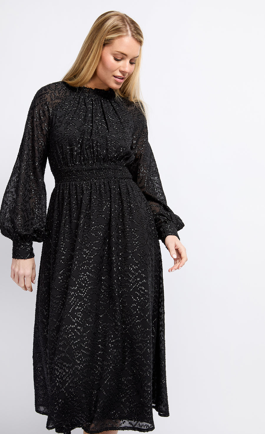 Black Metallic Texture Midaxi Dress