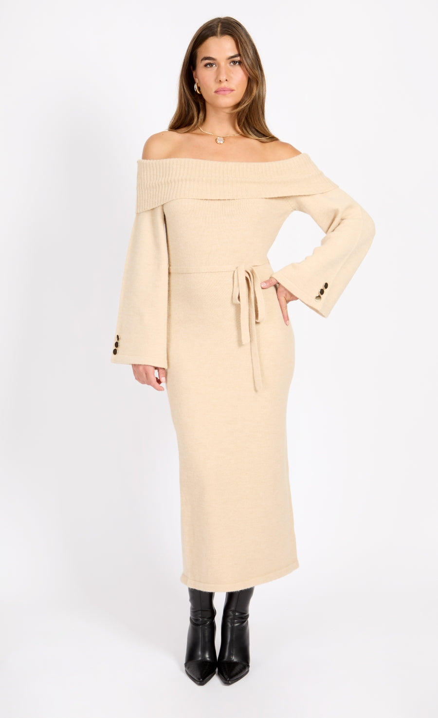 Oatmeal Knit Bardot Midaxi Dress