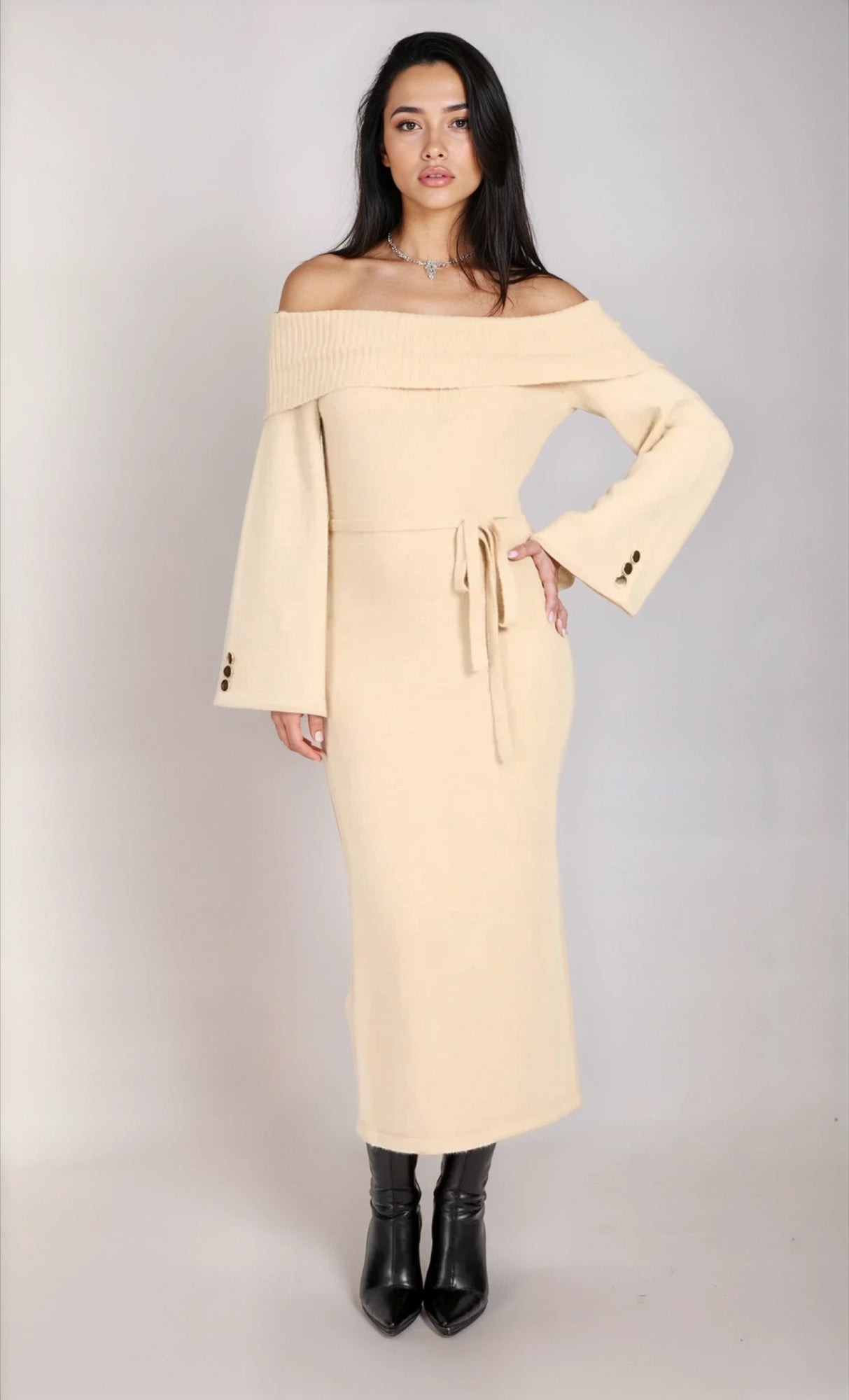 Oatmeal Knit Bardot Midaxi Dress