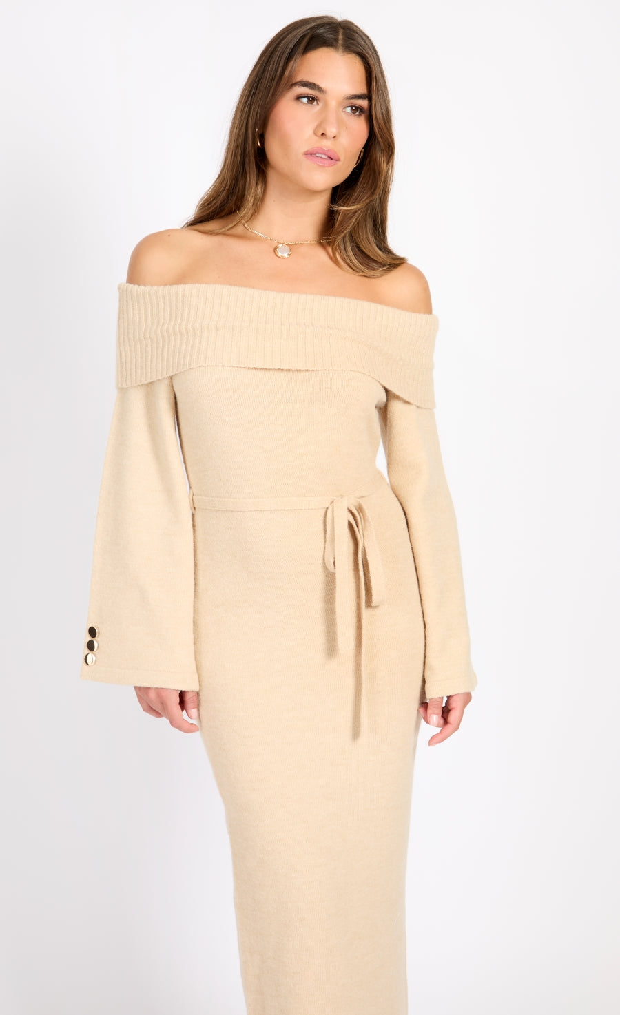Oatmeal Knit Bardot Midaxi Dress