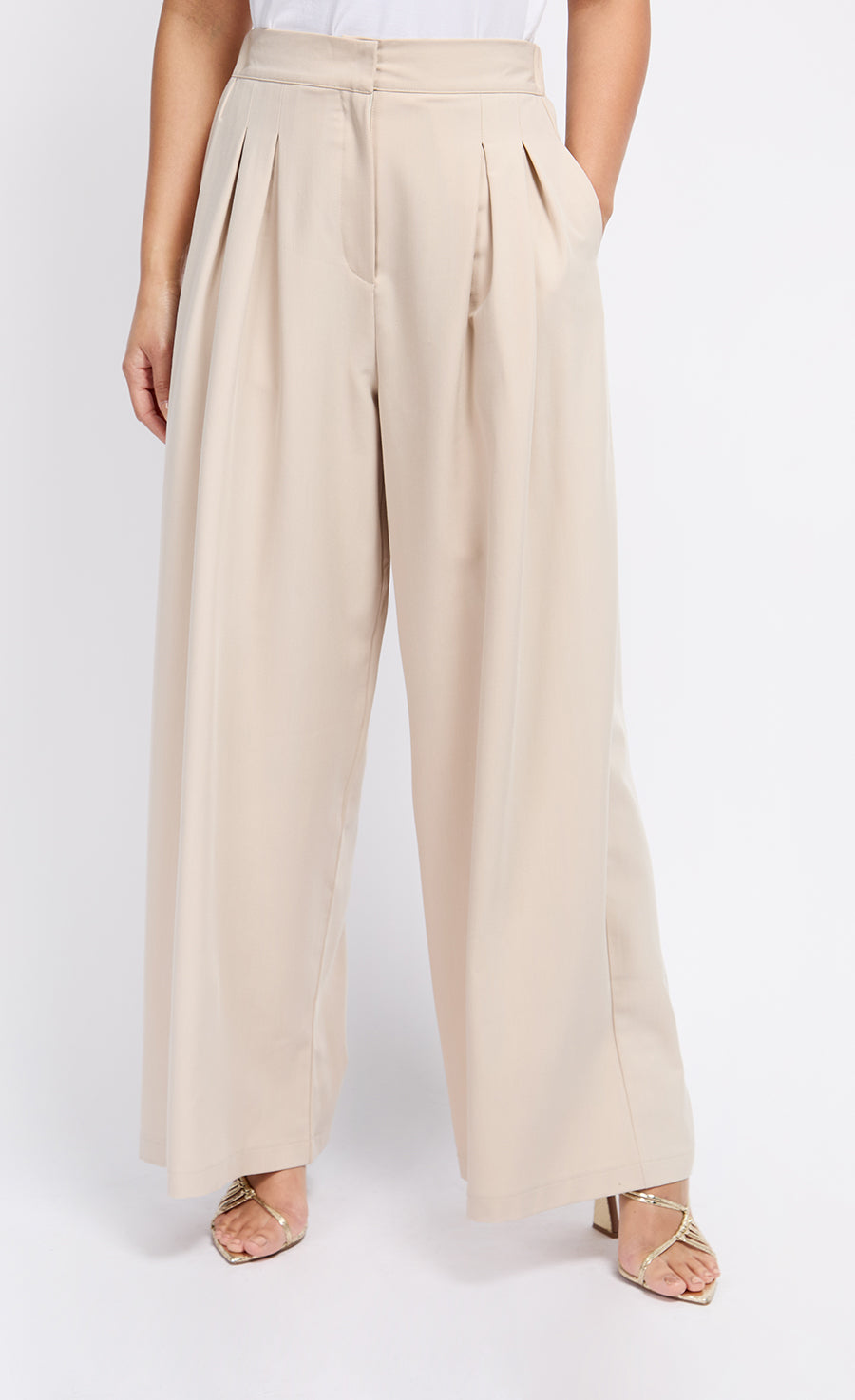 Beige Pleat Wide Leg Trousers
