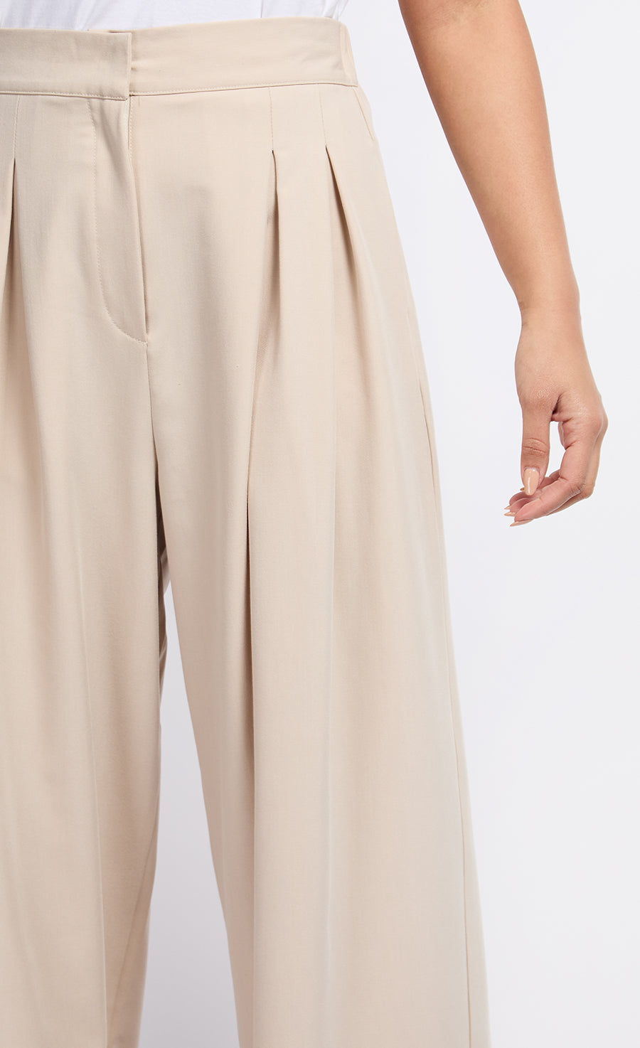Beige Pleat Wide Leg Trousers