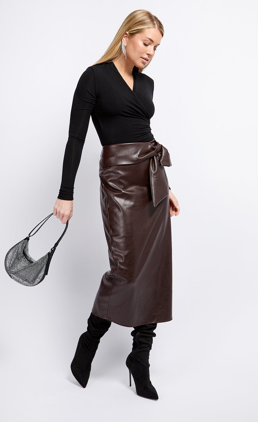 Brown PU Tie Waist Midaxi Skirt - Main Image