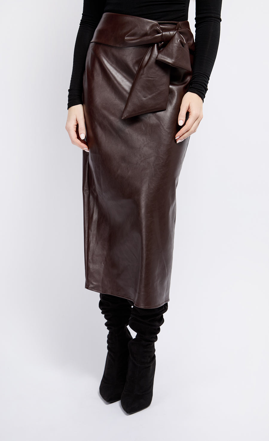 Brown PU Tie Waist Midaxi Skirt
