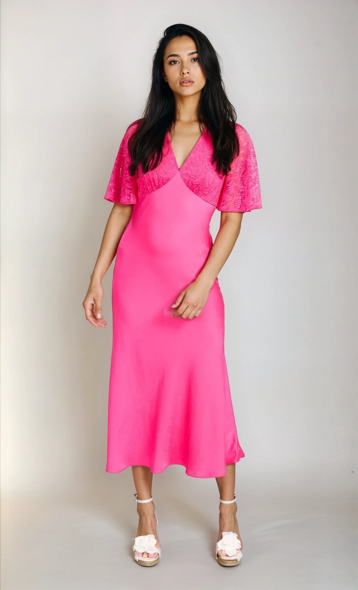 Pink Lace Satin Midi Dress