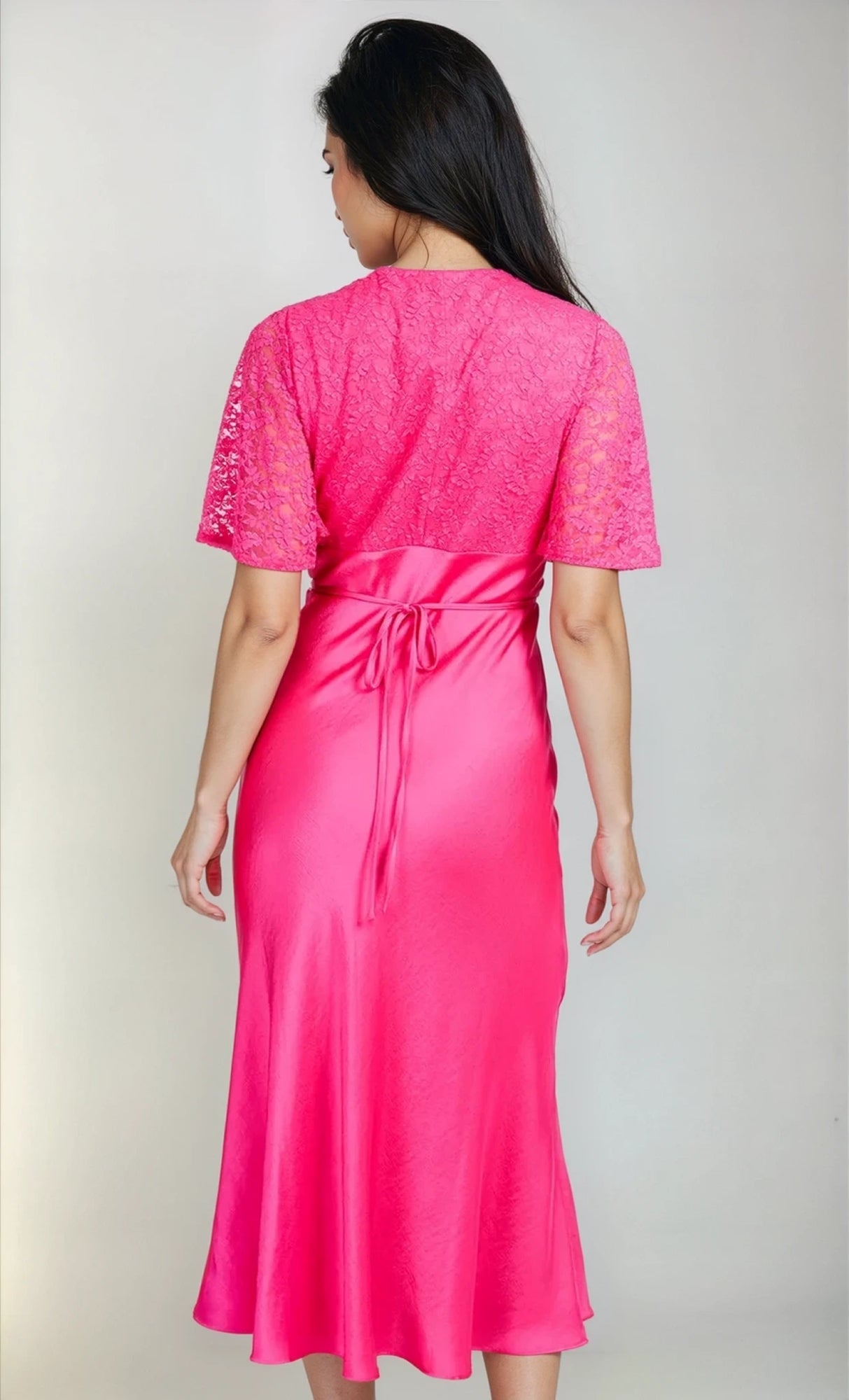 Pink Lace Satin Midi Dress