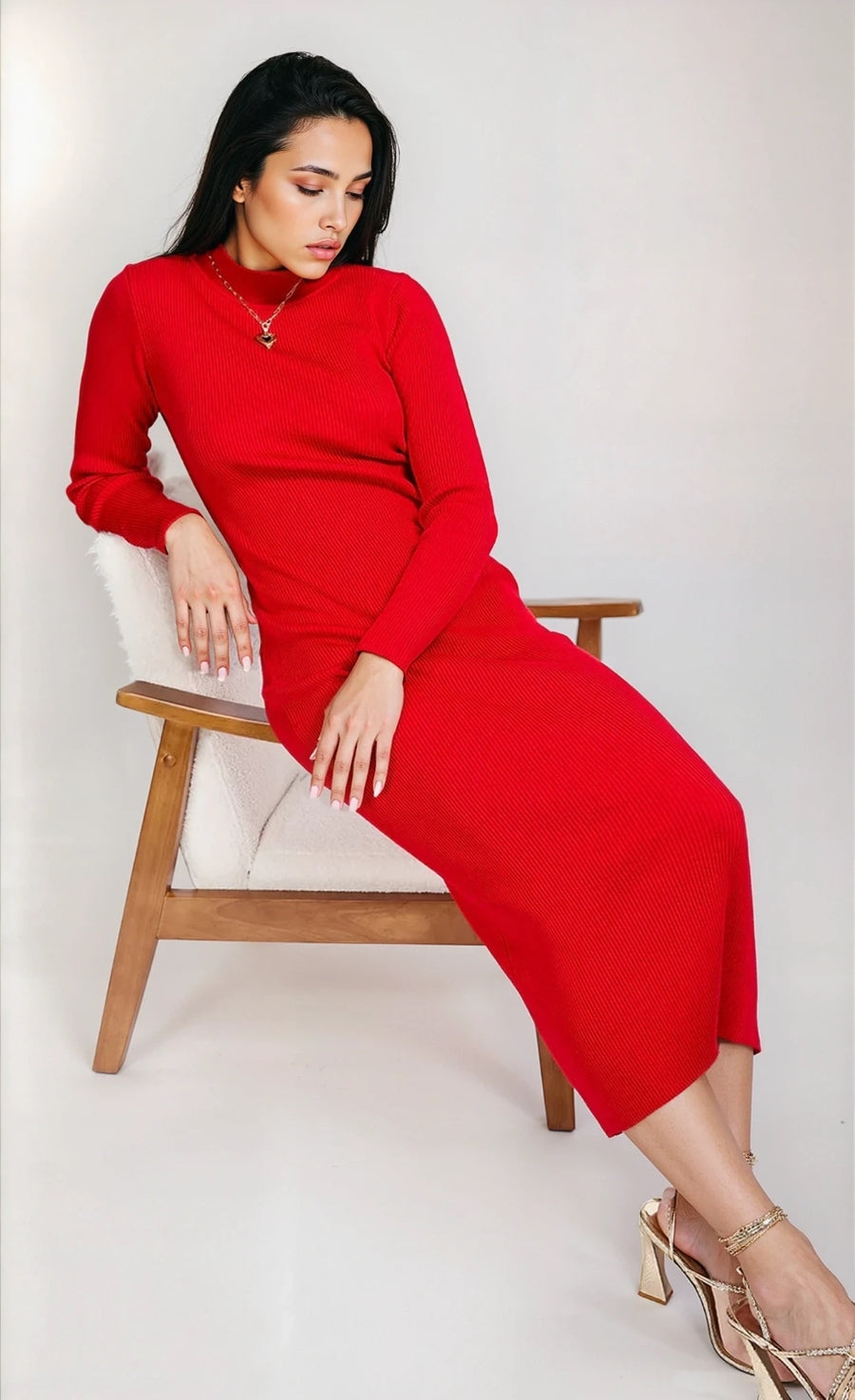 Red Rib Knit Midaxi Bodycon Dress