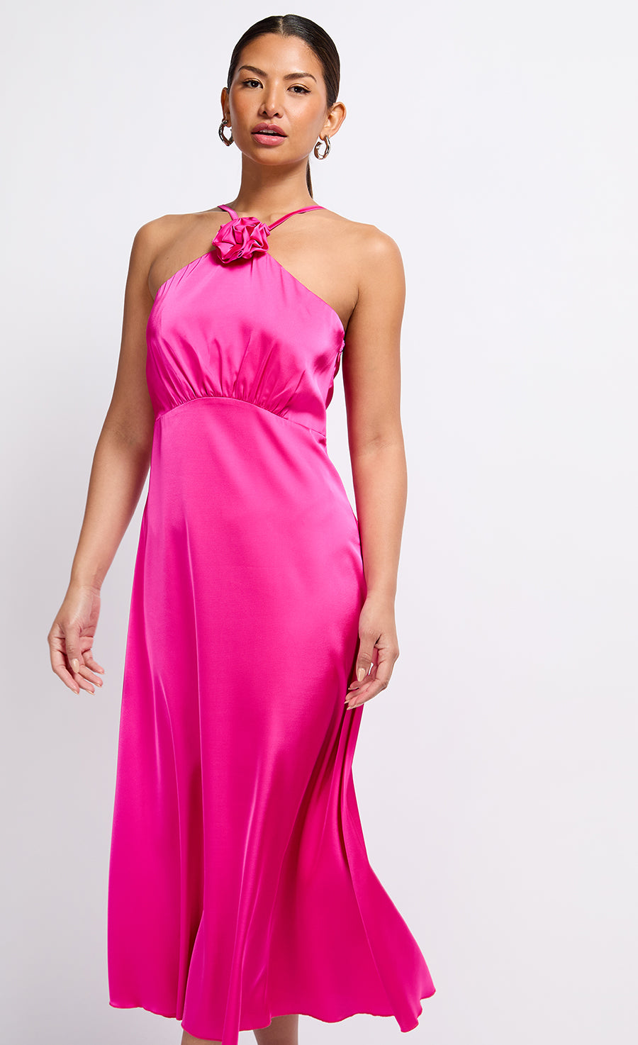 Pink Satin Corsage Neck Detail Midaxi Dress Pink Satin Corsage Neck Detail Midaxi Dress