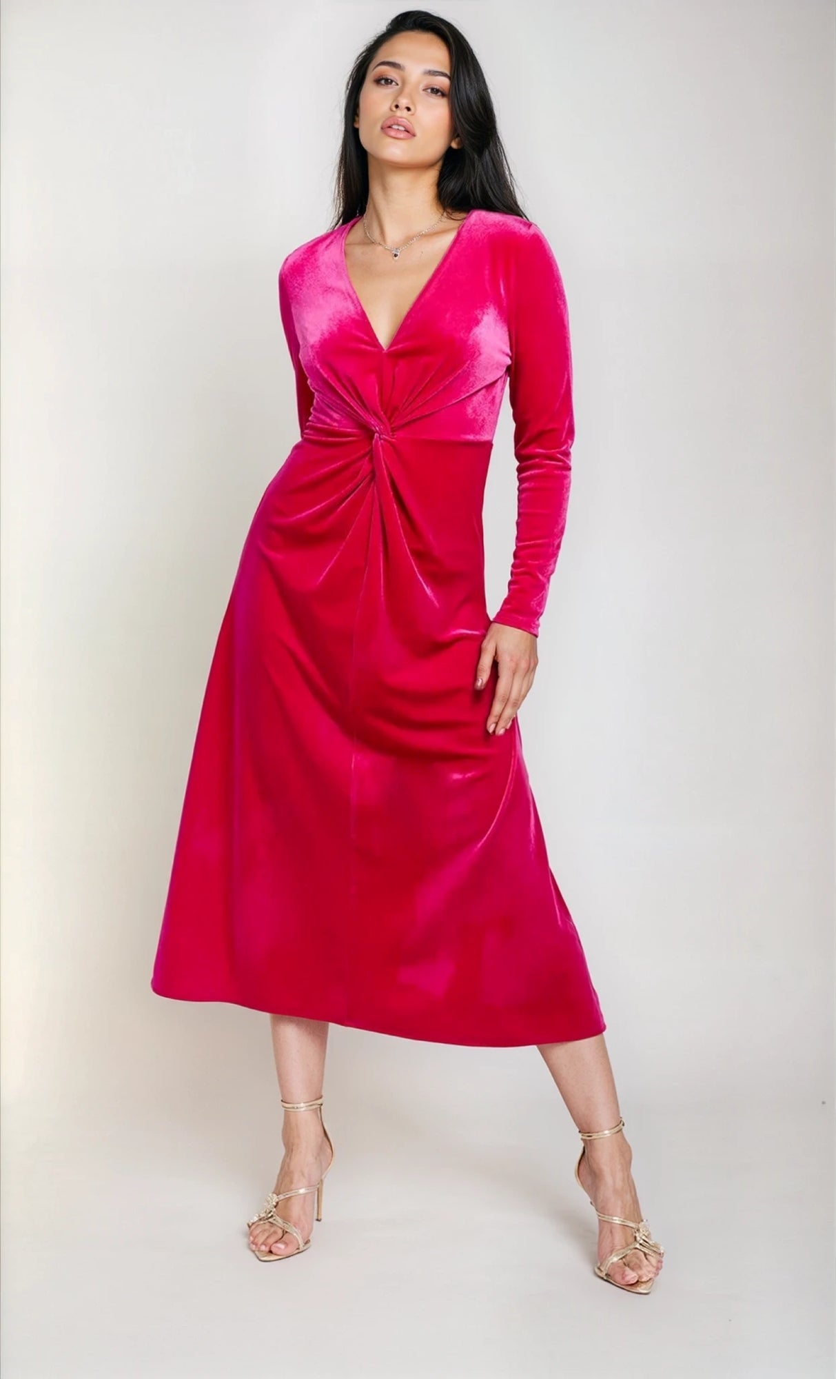 Pink Velvet Knot Detail Midaxi Dress