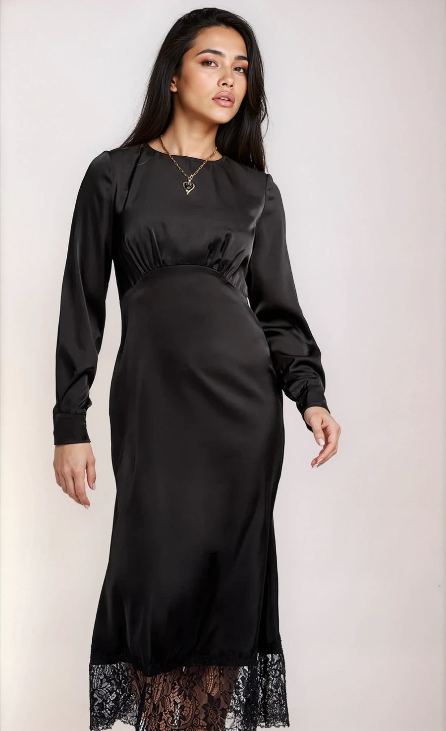 Black Satin and Lace Midaxi Dress