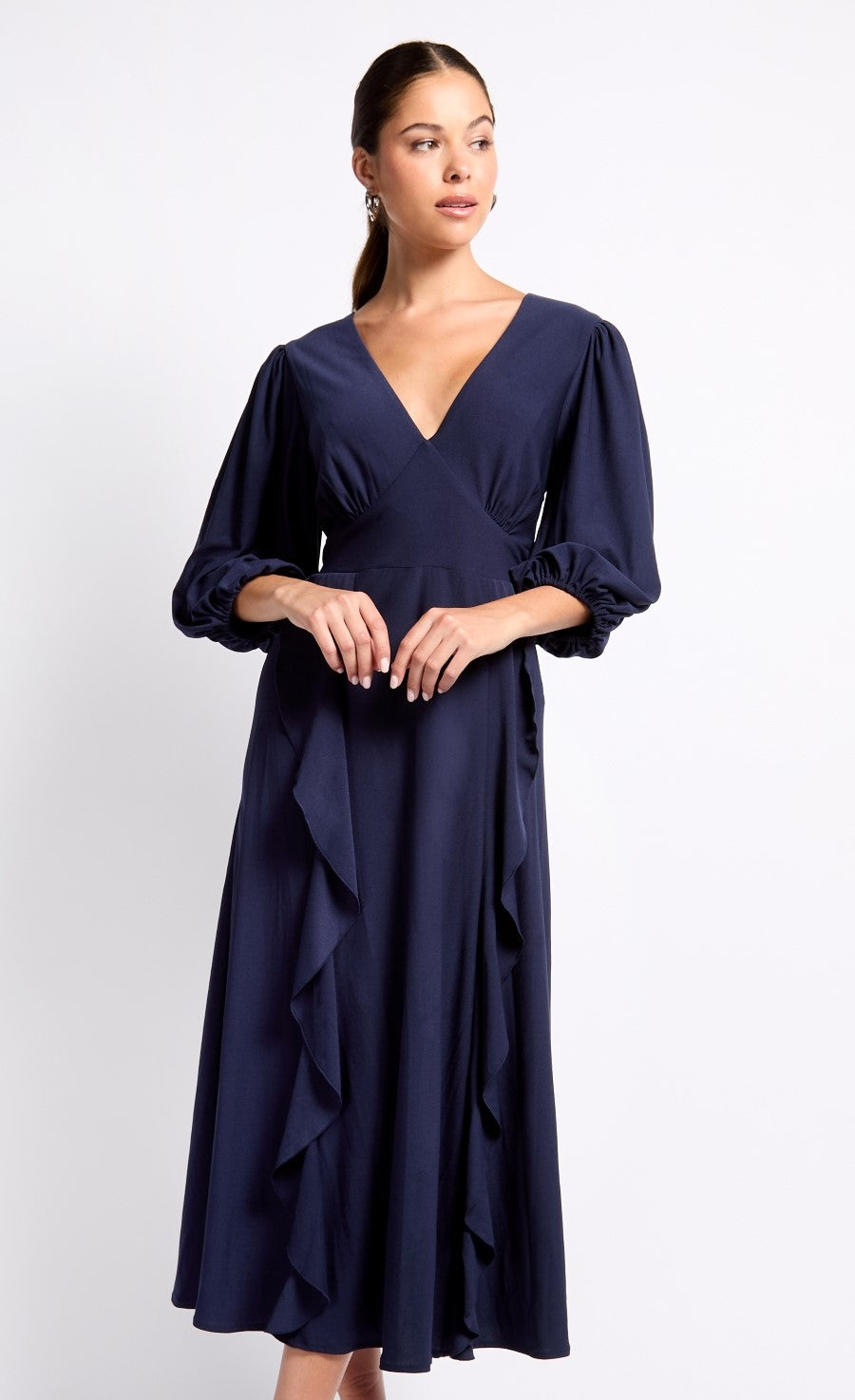iSKA Navy Satin Draped Frill Midaxi Dress