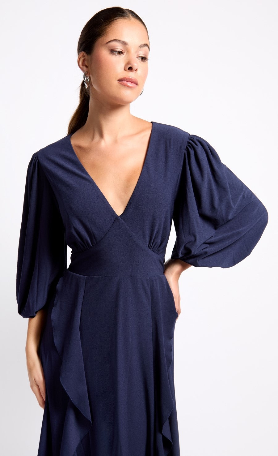 iSKA Navy Satin Draped Frill Midaxi Dress