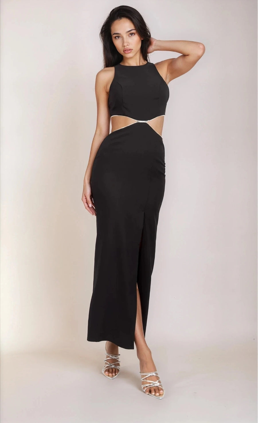 Black Diamanté Cut-Out Maxi Dress by Chloe Lewis