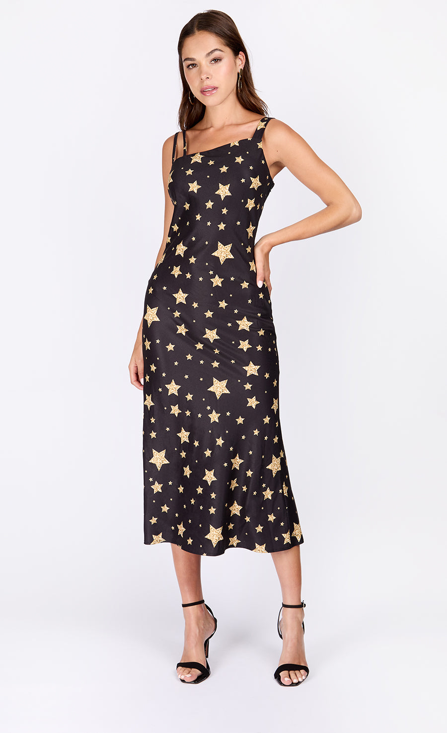 iSKA Star Print Satin Asymmetric Midaxi Dress
