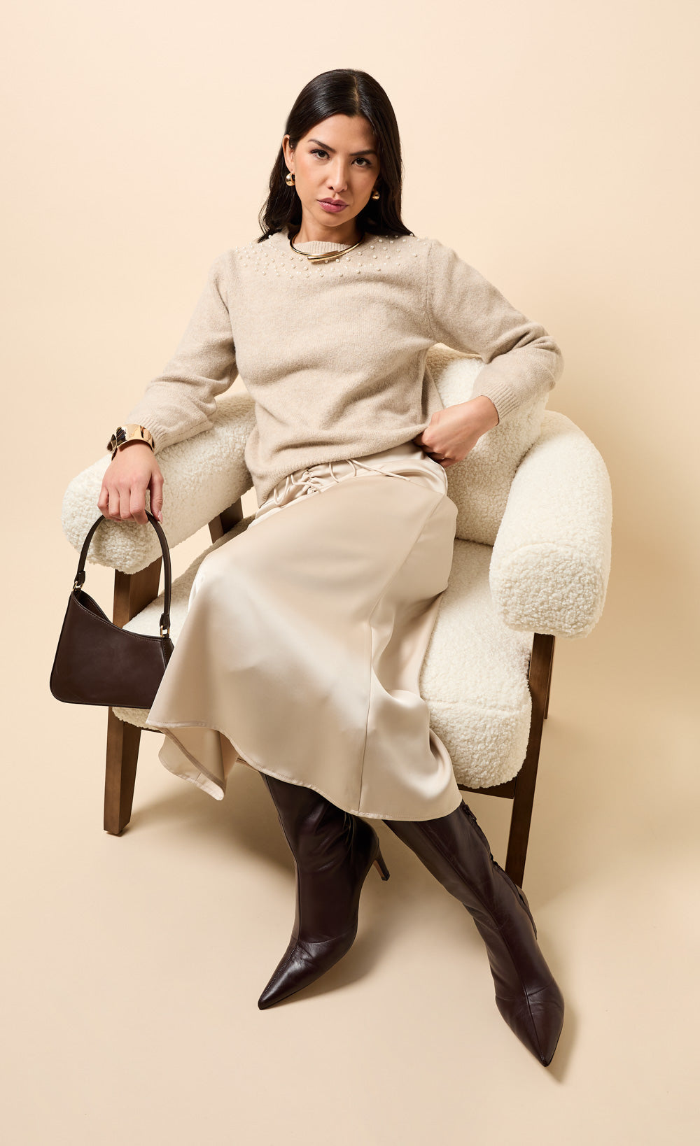 Floriane Champagne Gathered Detail Satin Midaxi Skirt