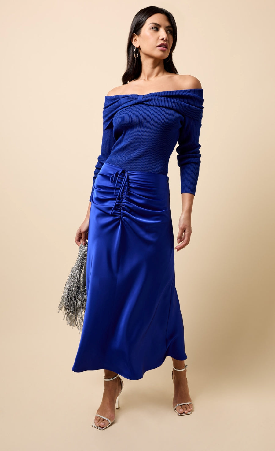 Floriane Cobalt Blue Gathered Detail Satin Midaxi Skirt