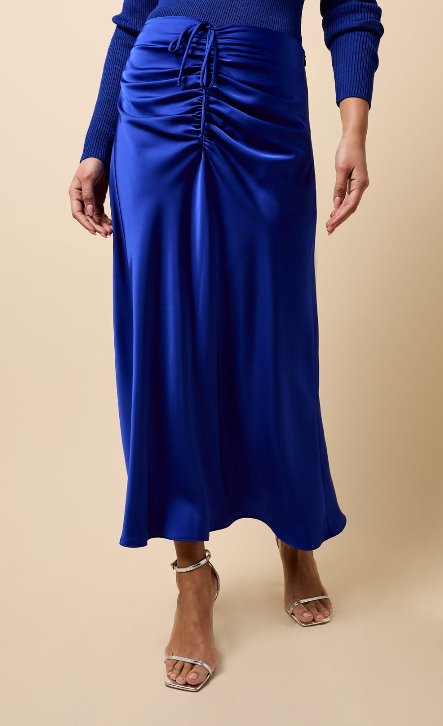 Floriane Cobalt Blue Gathered Detail Satin Midaxi Skirt
