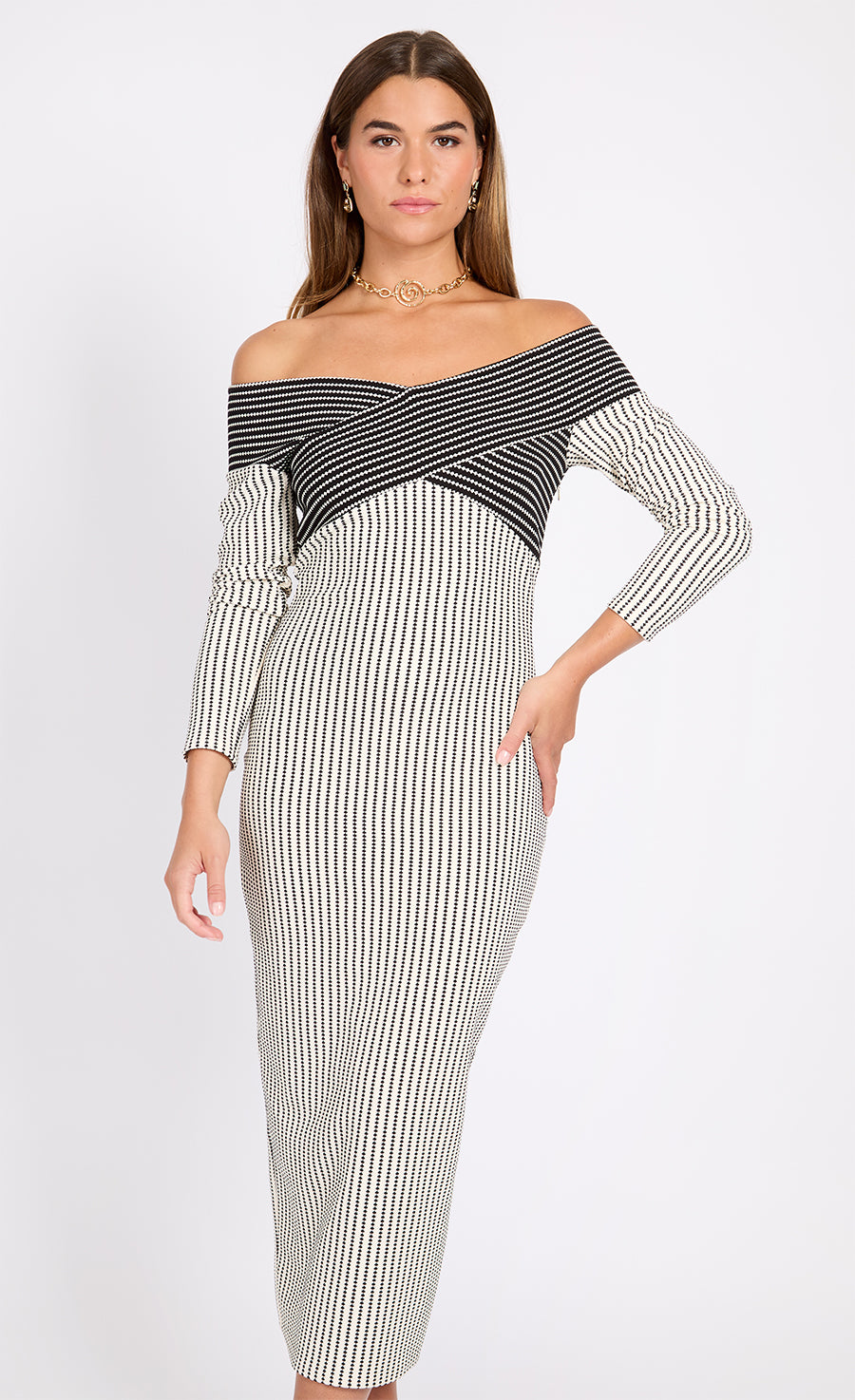 Monochrome Striped Textured Midaxi Dress