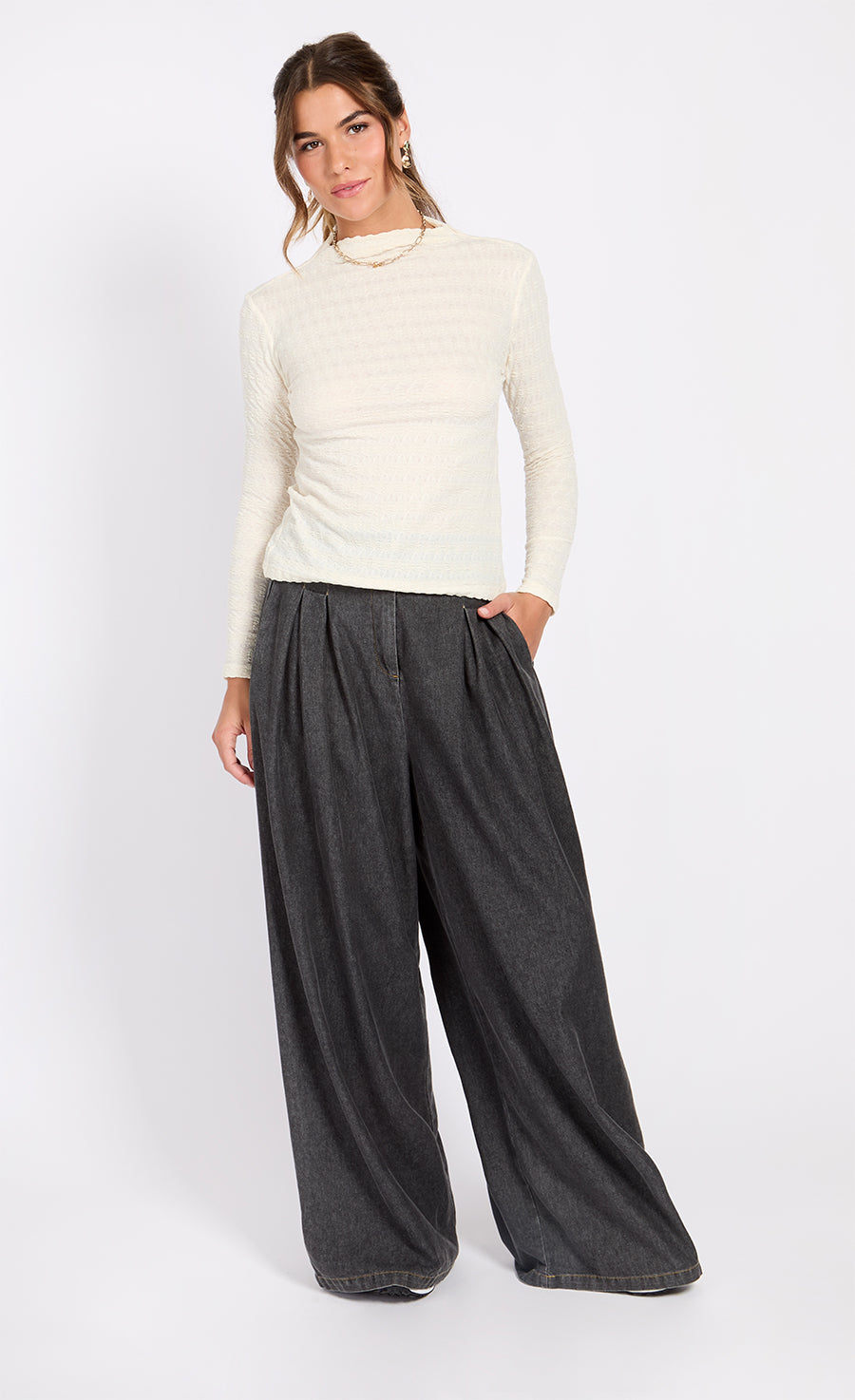 Cream Waffle Texture High Neck Top