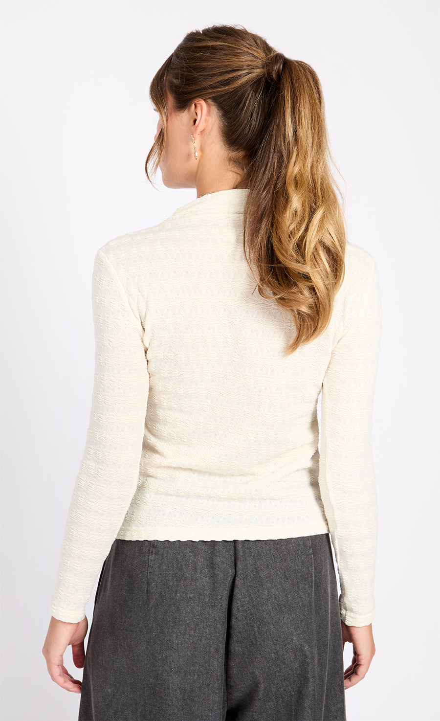 Cream Waffle Texture High Neck Top