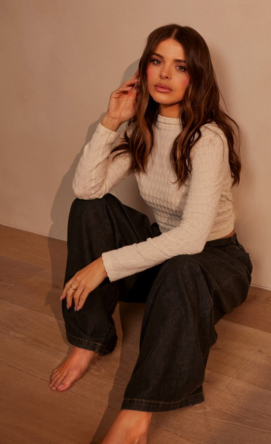 Cream Waffle Texture High Neck Top