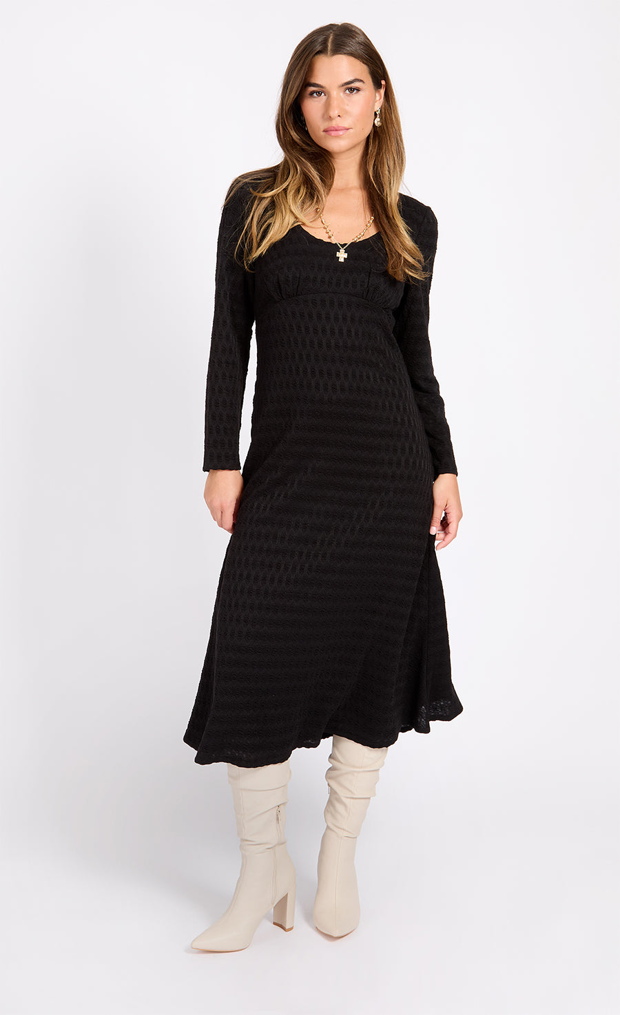 Black Waffle Texture Midaxi Dress