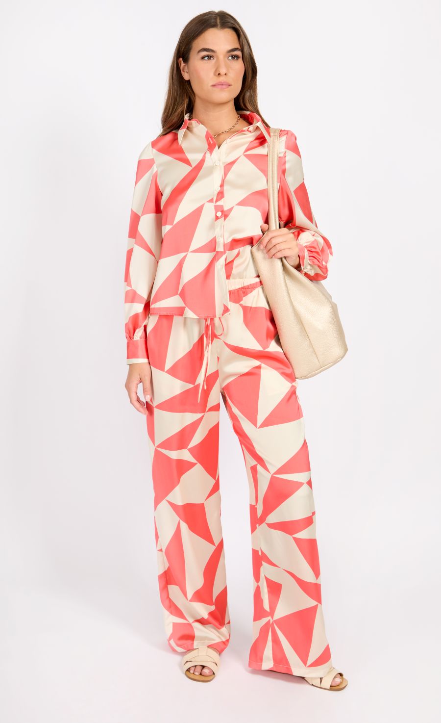 Coral Geo Print Satin Shirt