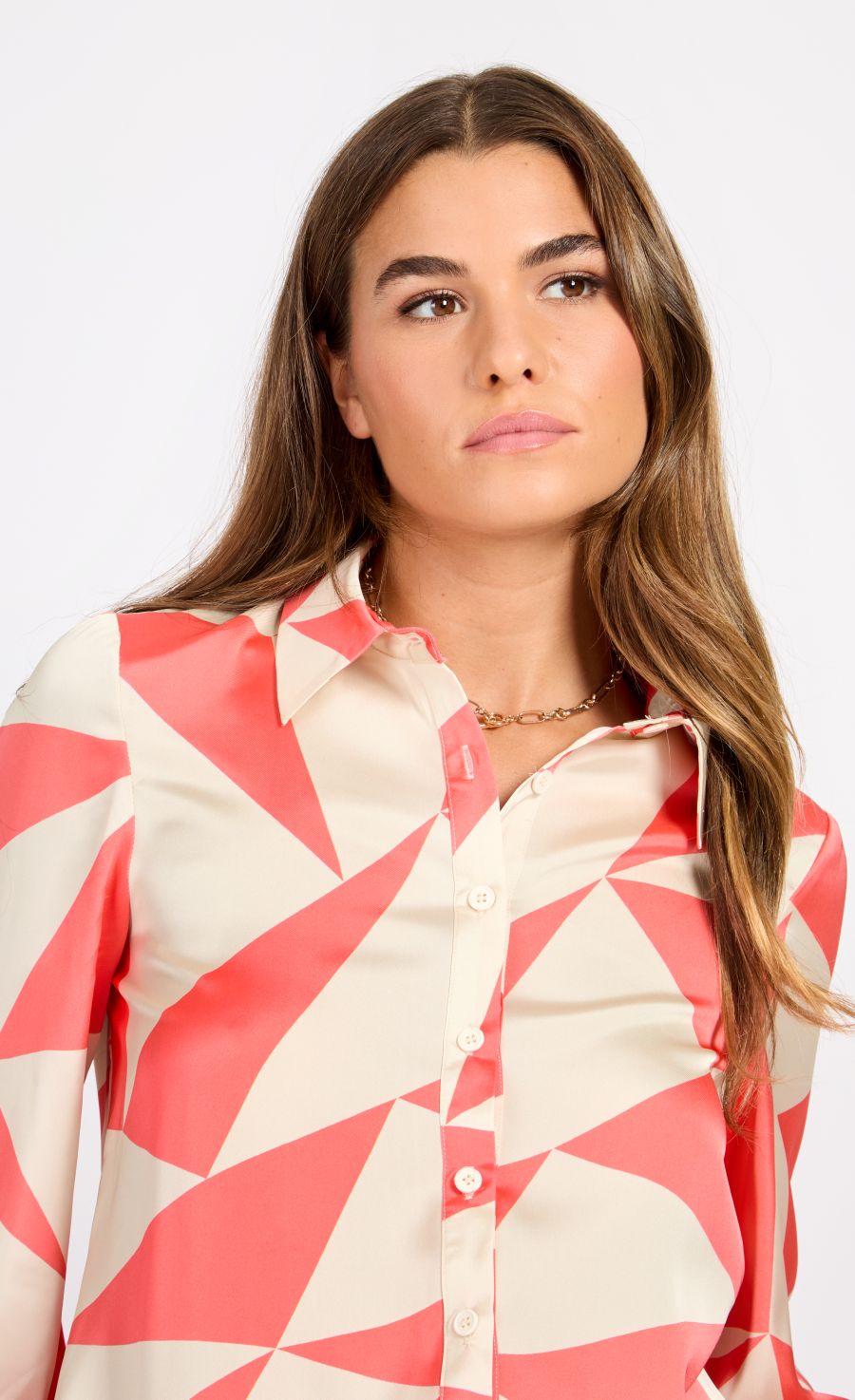 Coral Geo Print Satin Shirt
