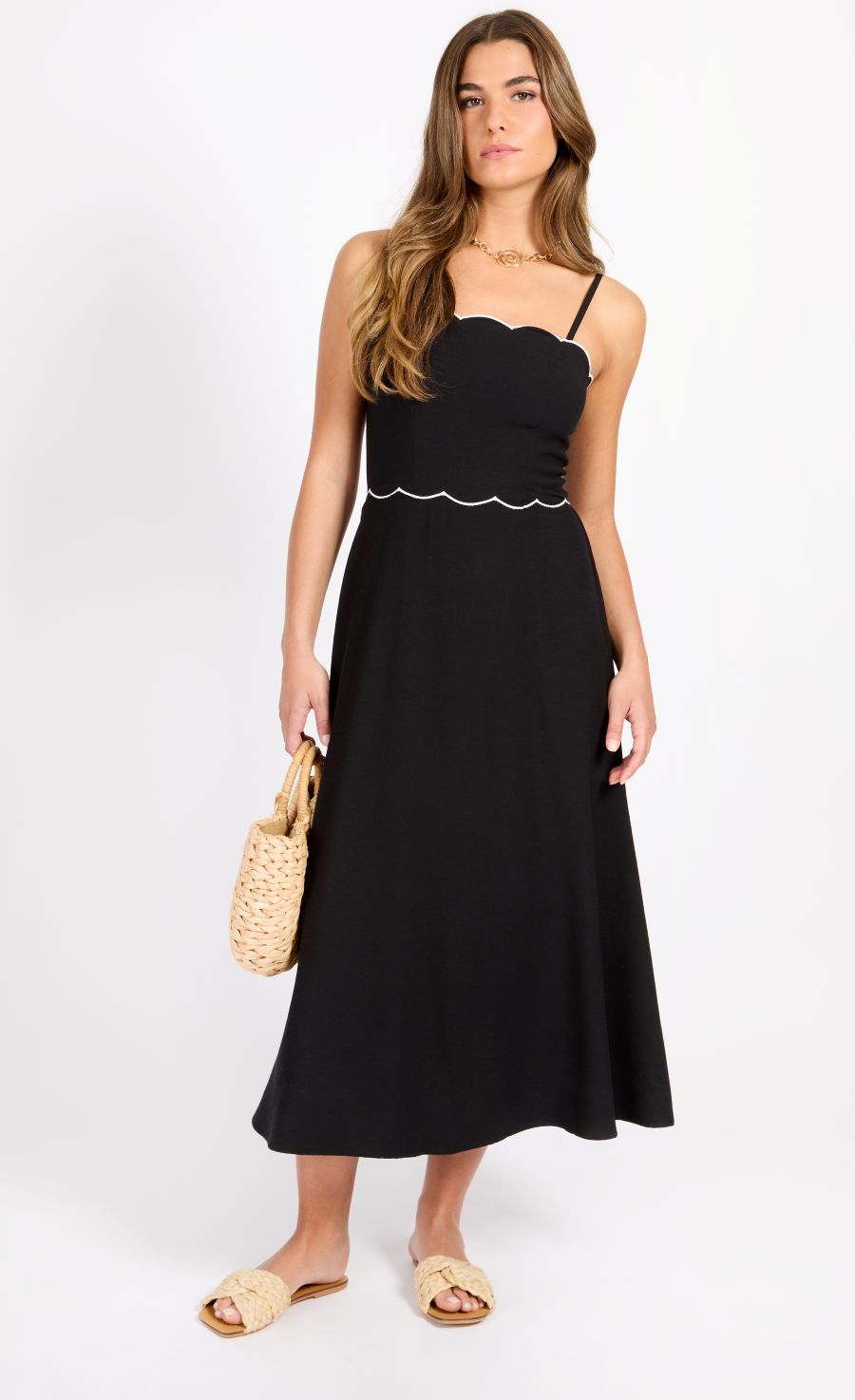 Black Scallop Midaxi Dress With Linen